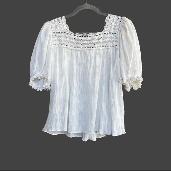 DOEN White Lightweight Square Neck Button Down Lace Puff Sleeve Anneth Blouse M - Picture 7 of 17
